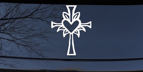 Cross with Heart in middle Christian Car or Truck Window Decal Sticker (White)