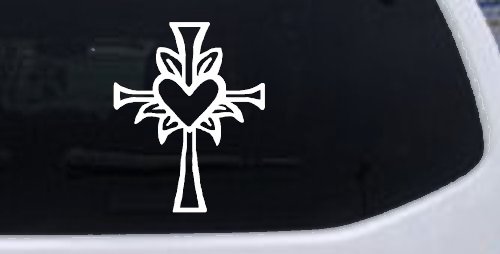 Cross with Heart in middle Christian Car or Truck Window Decal Sticker (White)