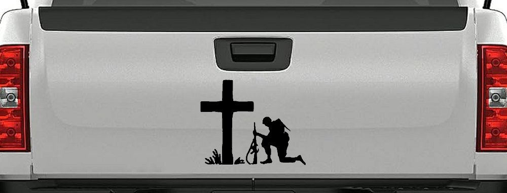 Soldier Kneeling at Cross In Memory of Military Car or Truck Window Decal Sticker