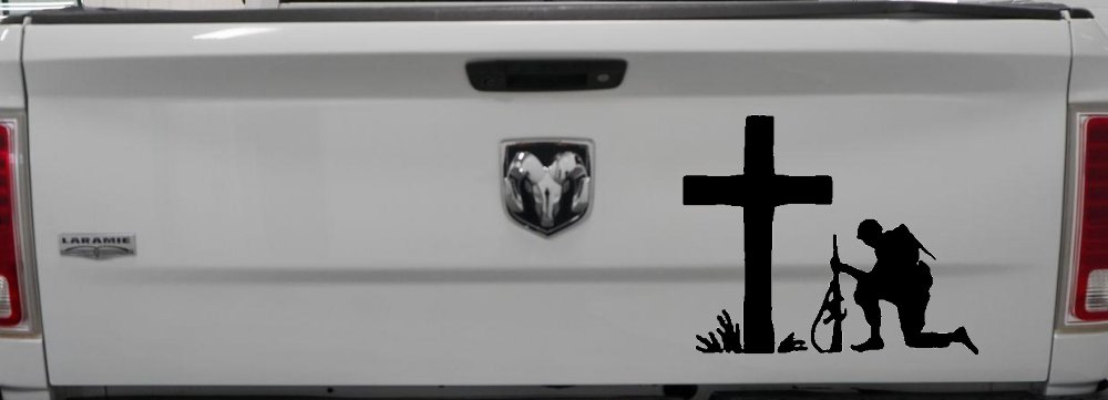 Soldier Kneeling at Cross In Memory of Military Car or Truck Window Decal Sticker