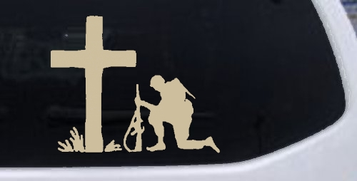 Soldier Kneeling at Cross In Memory of Military Car or Truck Window Decal Sticker