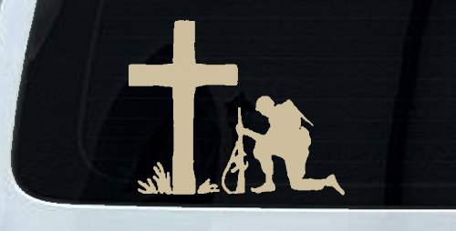 Soldier Kneeling at Cross In Memory of Military Car or Truck Window Decal Sticker