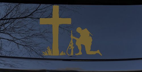 Soldier Kneeling at Cross In Memory of Military Car or Truck Window Decal Sticker