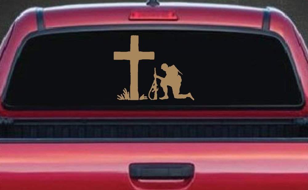 Soldier Kneeling at Cross In Memory of Military Car or Truck Window Decal Sticker