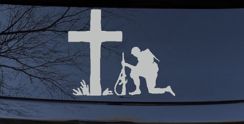 Soldier Kneeling at Cross In Memory of Military Car or Truck Window Decal Sticker