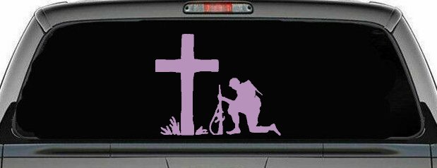 Soldier Kneeling at Cross In Memory of Military Car or Truck Window Decal Sticker