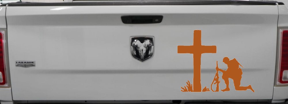 Soldier Kneeling at Cross In Memory of Military Car or Truck Window Decal Sticker