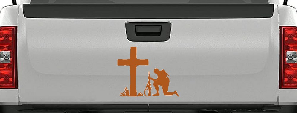 Soldier Kneeling at Cross In Memory of Military Car or Truck Window Decal Sticker