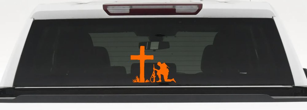 Soldier Kneeling at Cross In Memory of Military Car or Truck Window Decal Sticker (Orange)