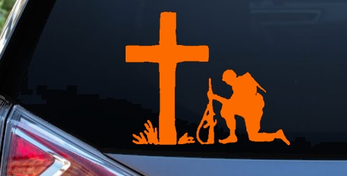 Soldier Kneeling at Cross In Memory of Military Car or Truck Window Decal Sticker