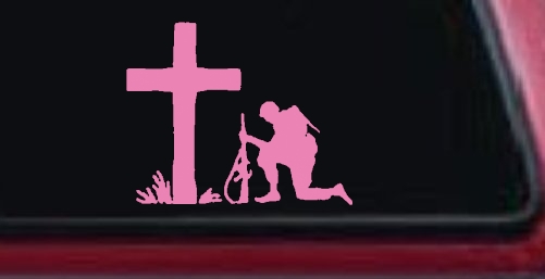 Soldier Kneeling at Cross In Memory of Military Car or Truck Window Decal Sticker