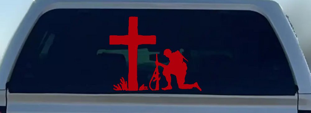 Soldier Kneeling at Cross In Memory of Military Car or Truck Window Decal Sticker