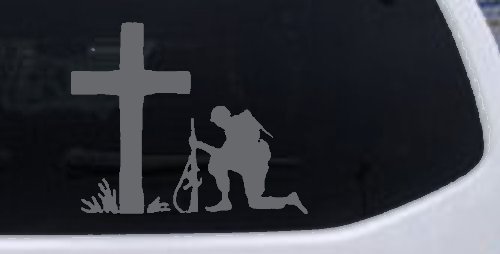 Soldier Kneeling at Cross In Memory of Military Car or Truck Window Decal Sticker