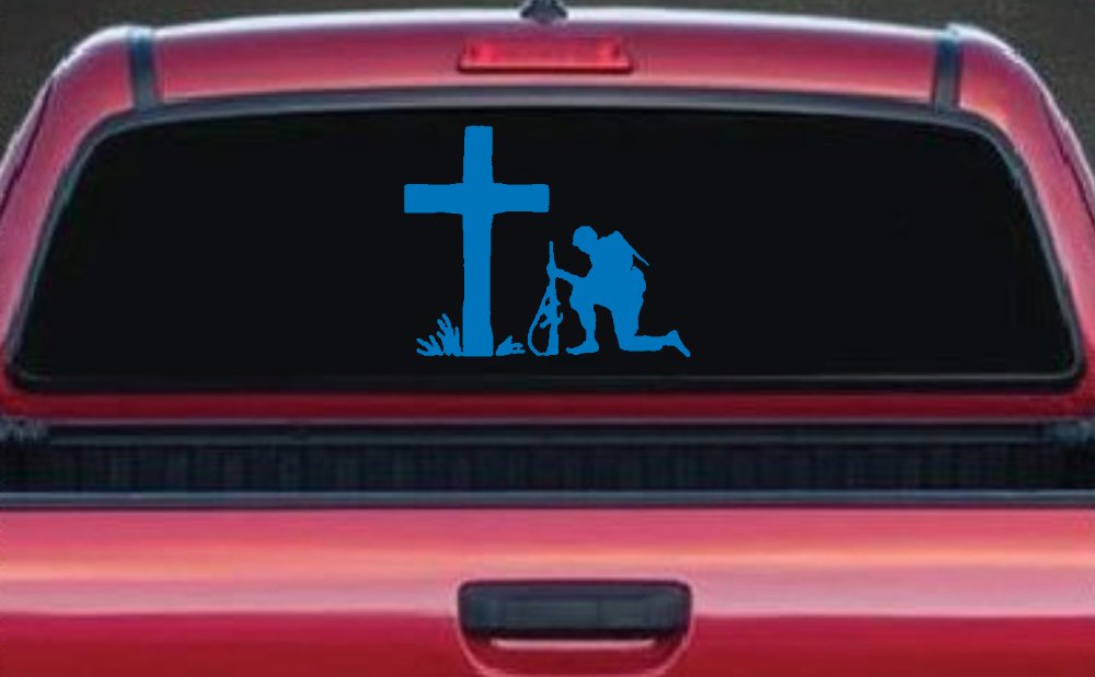 Soldier Kneeling at Cross In Memory of Military Car or Truck Window Decal Sticker