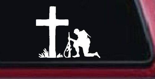 Soldier Kneeling at Cross In Memory of Military Car or Truck Window Decal Sticker