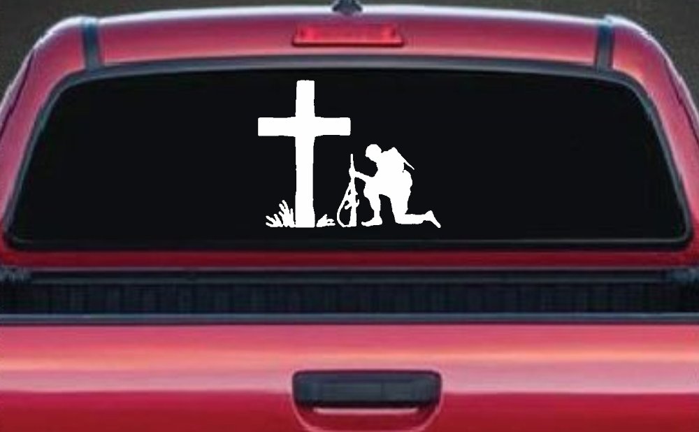Soldier Kneeling at Cross In Memory of Military Car or Truck Window Decal Sticker
