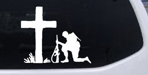 Soldier Kneeling at Cross In Memory of Military Car or Truck Window Decal Sticker