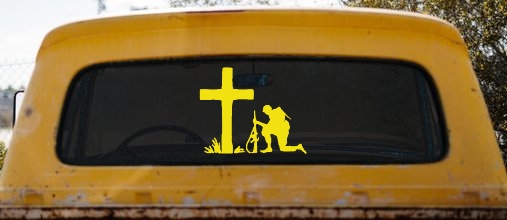 Soldier Kneeling at Cross In Memory of Military Car or Truck Window Decal Sticker