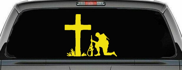 Soldier Kneeling at Cross In Memory of Military Car or Truck Window Decal Sticker