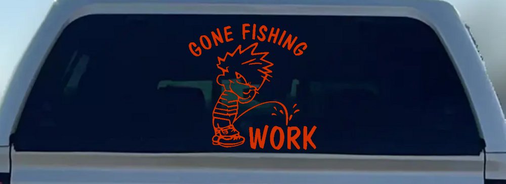 Gone Fishing Pee on Work Car or Truck Window Decal Sticker (Orange Red)