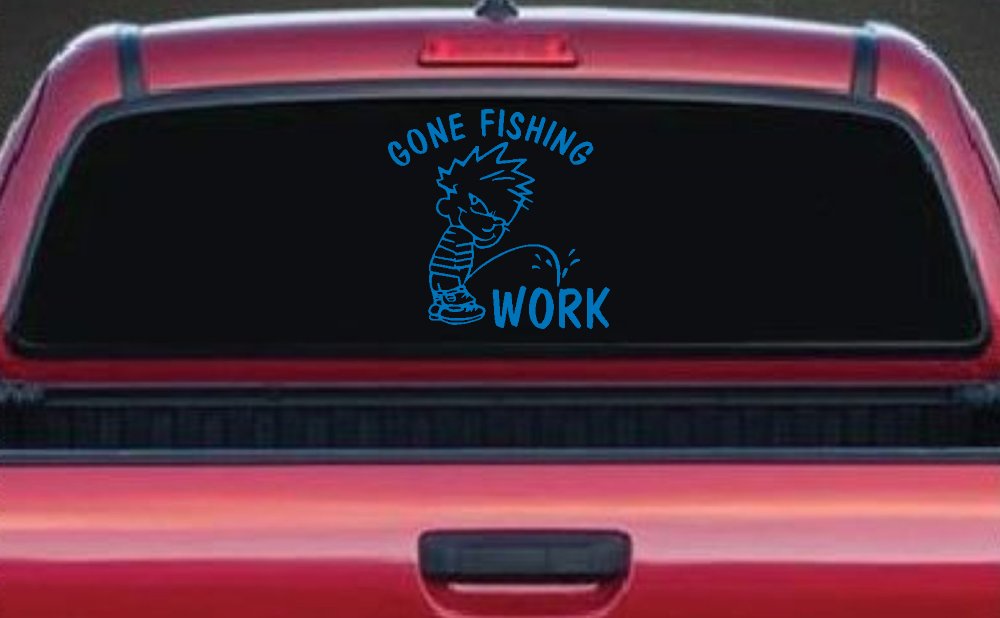 Gone Fishing Pee on Work Car or Truck Window Decal Sticker (Sky Blue)