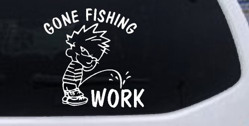 Gone Fishing Pee on Work Car or Truck Window Decal Sticker (White)