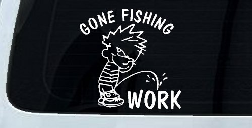 Gone Fishing Pee on Work Car or Truck Window Decal Sticker (White)