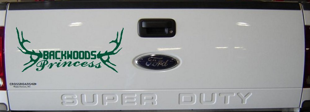 Backwoods Princess with Deer Horns Country Car or Truck Window Decal Sticker (Dark Green)