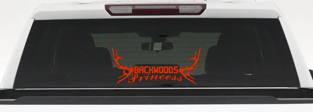 Backwoods Princess with Deer Horns Country Car or Truck Window Decal Sticker (Orange Red)