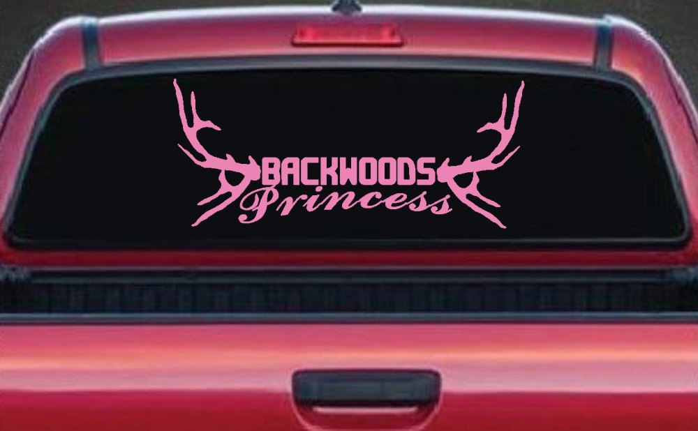 Backwoods Princess with Deer Horns Country Car or Truck Window Decal Sticker (Pink)