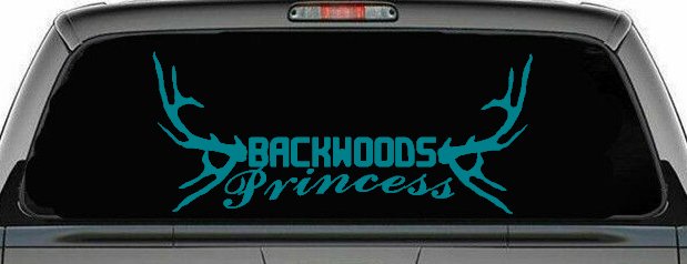 Backwoods Princess with Deer Horns Country Car or Truck Window Decal Sticker (Turquoise Blue)