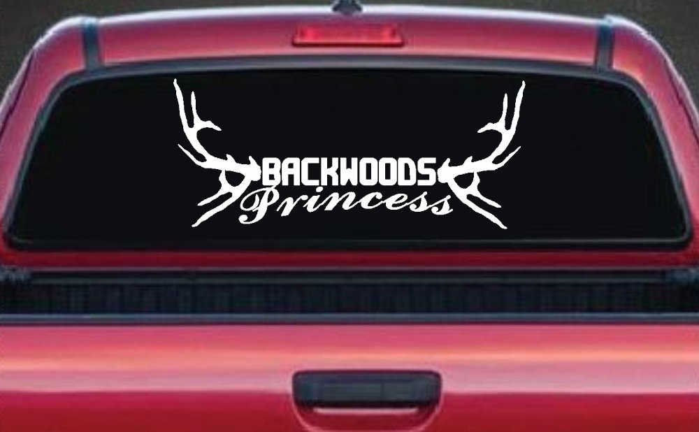 Backwoods Princess with Deer Horns Country Car or Truck Window Decal Sticker (White)