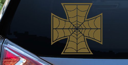 Chopper Iron Cross Spider Web Biker Car or Truck Window Decal Sticker (Gold)