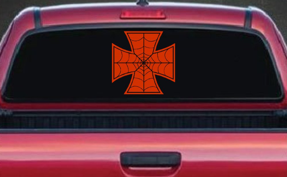 Chopper Iron Cross Spider Web Biker Car or Truck Window Decal Sticker (Orange Red)