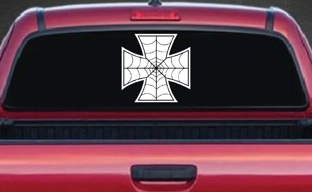 Chopper Iron Cross Spider Web Biker Car or Truck Window Decal Sticker