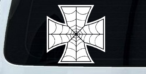 Chopper Iron Cross Spider Web Biker Car or Truck Window Vinyl Decal Sticker (White)