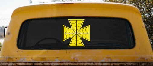 Chopper Iron Cross Spider Web Biker Car or Truck Window Decal Sticker (Yellow)