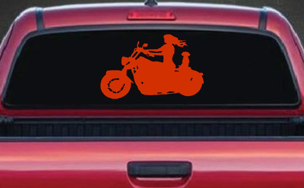 Women Biker With Jack Russell Terrier Car or Truck Window Vinyl Decal Sticker (Orange Red)