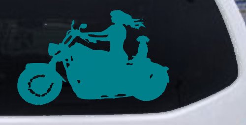 Women Biker With Jack Russell Terrier Car or Truck Window Decal Sticker (Turquoise Blue)