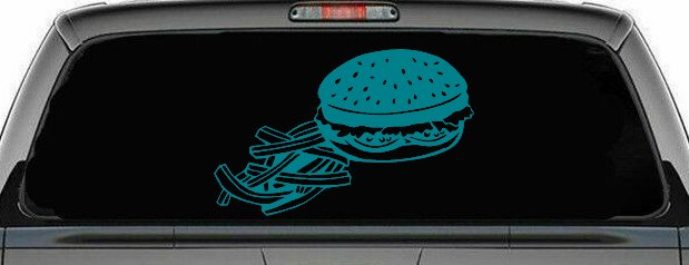 Cheeseburger and French Fries Restaurant Window Lettering  Business Car or Truck Window Vinyl Decal Sticker (Turquoise Blue)