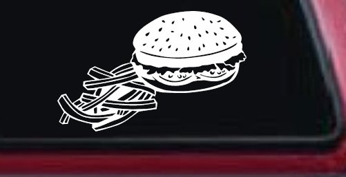 Cheeseburger and French Fries Restaurant Window Lettering  Business Car or Truck Window Decal Sticker (White)