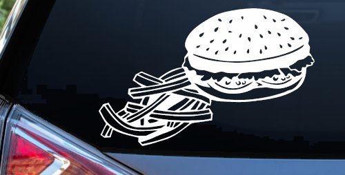 Cheeseburger and French Fries Restaurant Window Lettering  Business Car or Truck Window Decal Sticker (White)