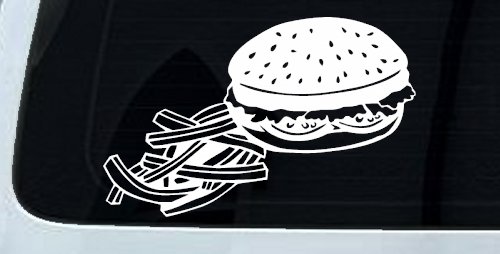 Cheeseburger and French Fries Restaurant Window Lettering  Business Car or Truck Window Vinyl Decal Sticker (White)