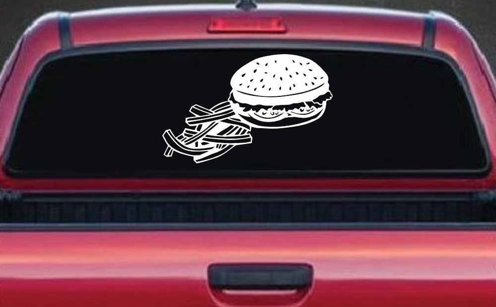 Cheeseburger and French Fries Restaurant Window Lettering Business Car or Truck Window Vinyl Decal Sticker (White)