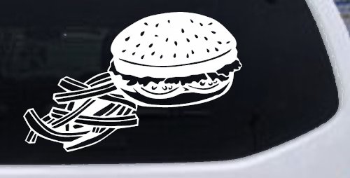 Cheeseburger and French Fries Restaurant Window Lettering  Business Car or Truck Window Vinyl Decal Sticker (White)