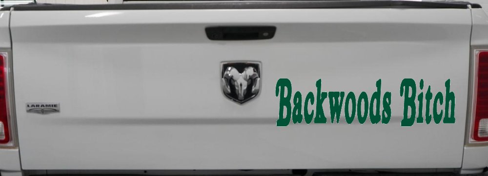 Backwoods Bitch Country Car or Truck Window Decal Sticker (Dark Green)