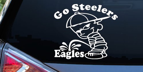 Go Steelers Pee On Eagles Calvin Facing Left Special Orders Car or Truck Window Vinyl Decal Sticker (White)