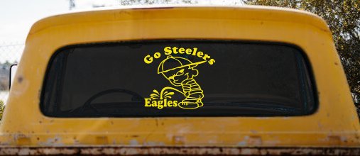 Go Steelers Pee On Eagles Calvin Facing Left Special Orders Car or Truck Window Decal Sticker (Yellow)
