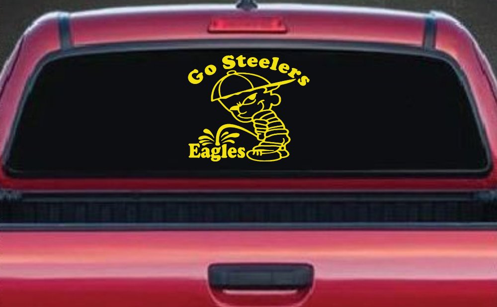 Go Steelers Pee On Eagles Calvin Facing Left Special Orders Car or Truck Window Decal Sticker (Yellow)