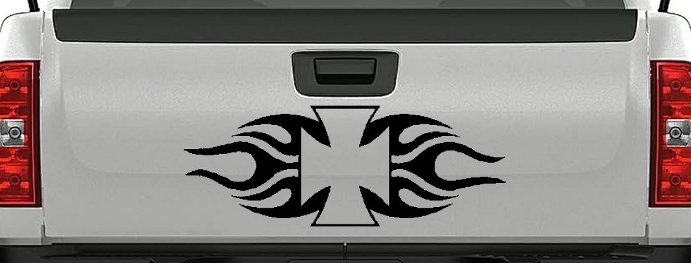 Chopper Iron Cross with Tribal Biker Car or Truck Window Decal Sticker (Black)